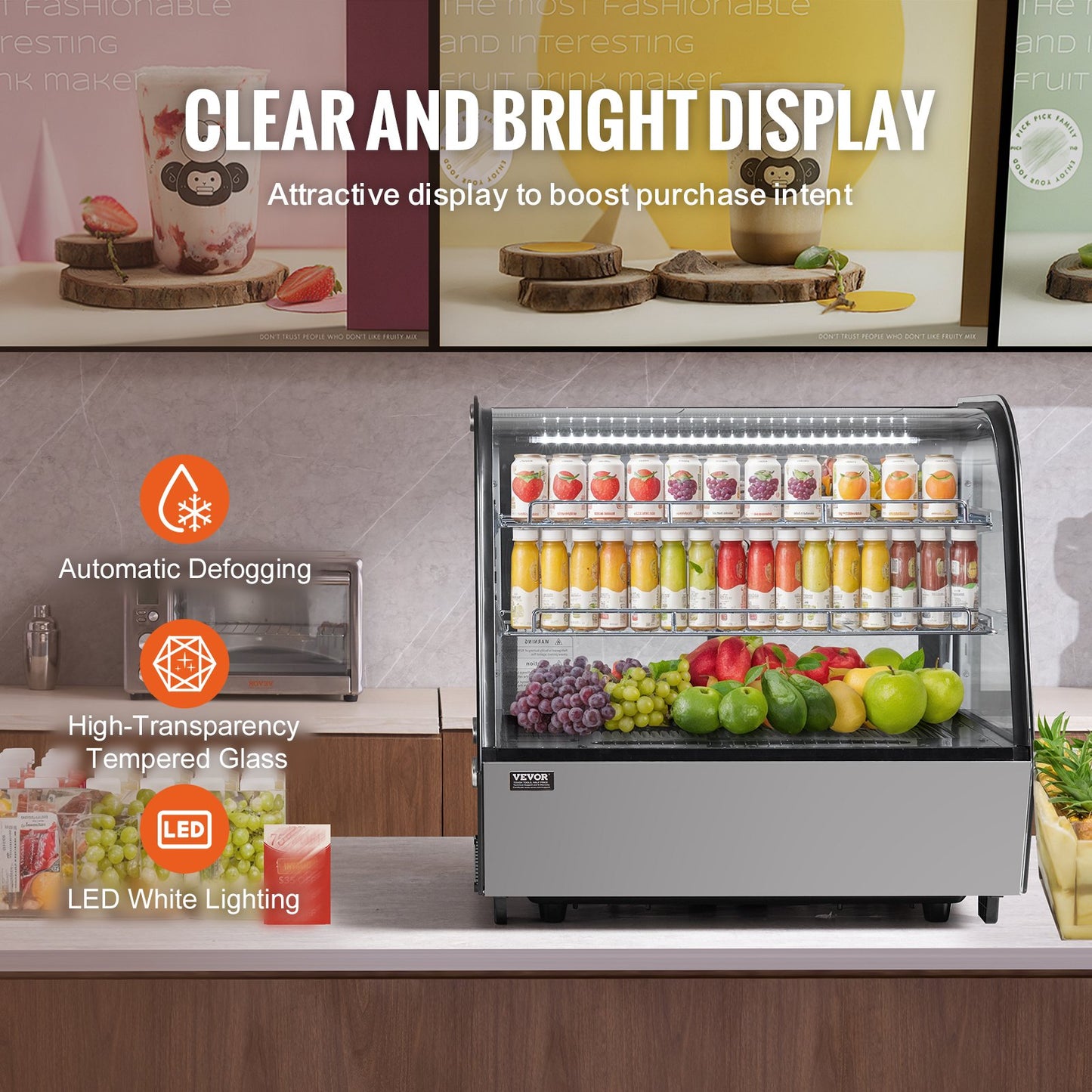 Refrigerated Display Case, 4.2 Cu.Ft./115L Countertop Pastry Display Case, 2-Tier Commercial Display Refrigerator with LED Lighting, TURBO Cooling, Frost-Free Air-Cooling, for Bakery
