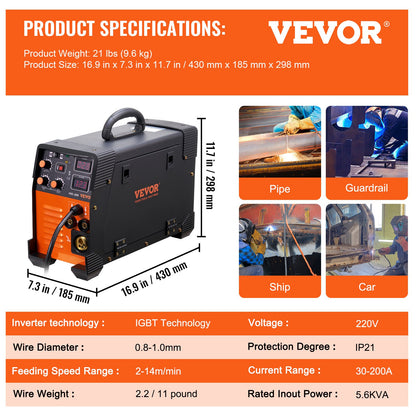 MIG Welder 200 Amp MIG TIG Arc Welder 3 in 1 Welder Welding Machine 220V TIG Welder Lift ARC Welder MMA Stick IGBT DC Inverter Welder Digital Display Combo Welding Machine