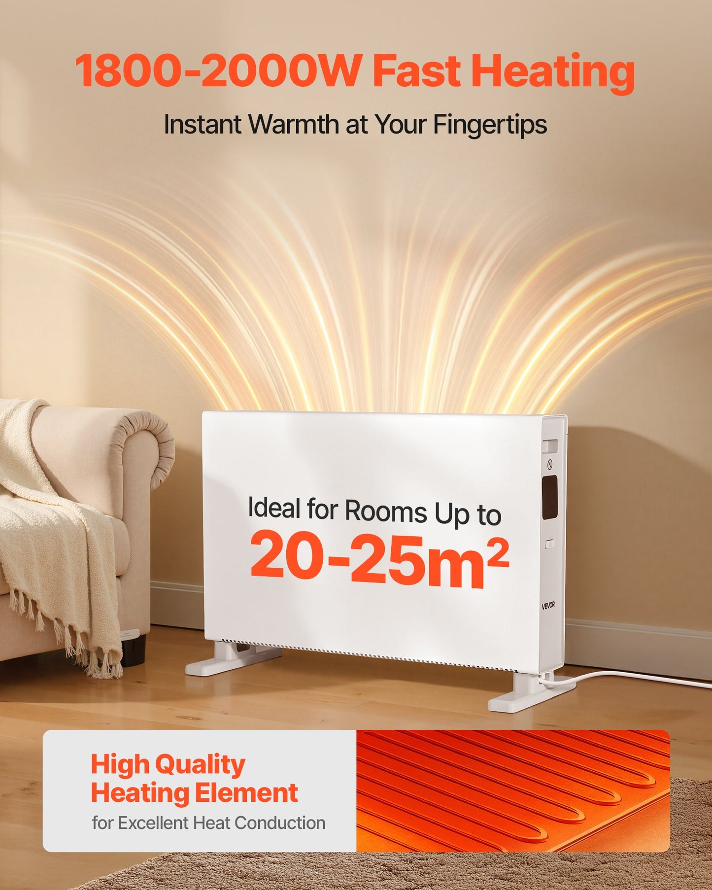 Konvektionspanelvärmare, 2000W elektrisk panelvärmare med fjärrkontroll och pekkontroll, 3 lägen, 24 timmars timer, stativ- eller väggmonterad design med tippskydd och överhettningsskydd för hem och kontor