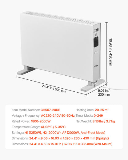 Konvektionspanelvärmare, 2000W elektrisk panelvärmare med fjärrkontroll och pekkontroll, 3 lägen, 24 timmars timer, stativ- eller väggmonterad design med tippskydd och överhettningsskydd för hem och kontor