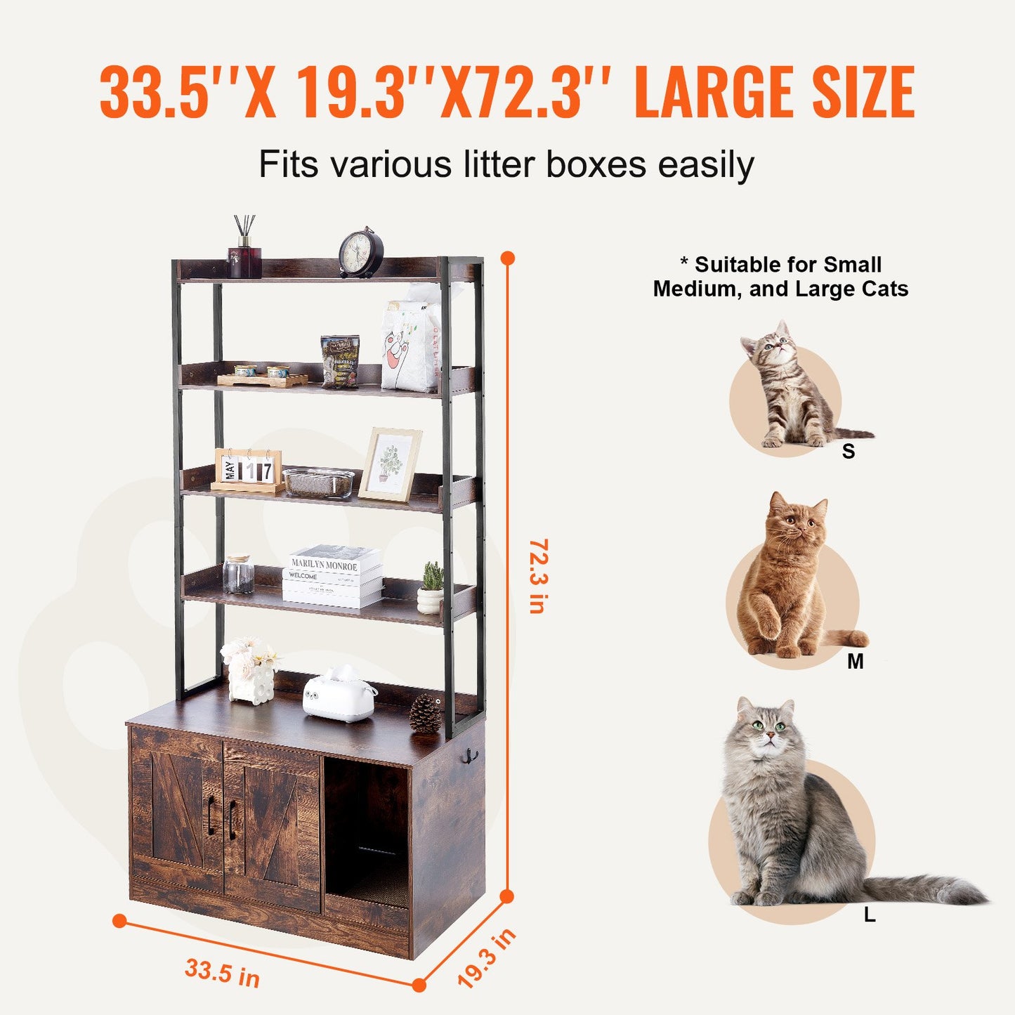 Cat Litter Box Enclosure, Hidden Litter Box Furniture with 4 Storage Shelves, Wooden Cat Washroom Indoor, Large Cat House Cabinet Hidden Fit Most Litter Box, 33.5"L x 19.3"W x 72.3"H, Dark Brown
