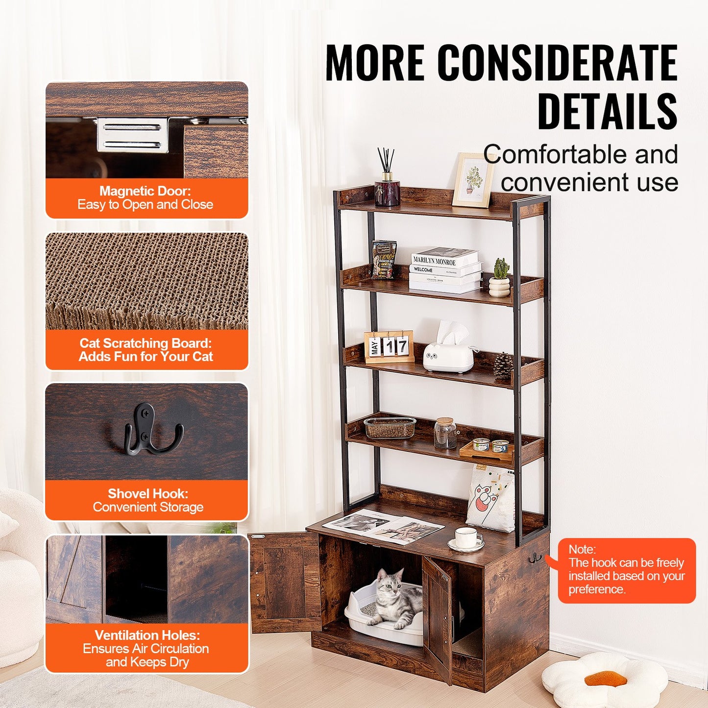 Cat Litter Box Enclosure, Hidden Litter Box Furniture with 4 Storage Shelves, Wooden Cat Washroom Indoor, Large Cat House Cabinet Hidden Fit Most Litter Box, 33.5"L x 19.3"W x 72.3"H, Dark Brown