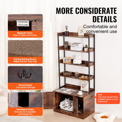 Cat Litter Box Enclosure, Hidden Litter Box Furniture with 4 Storage Shelves, Wooden Cat Washroom Indoor, Large Cat House Cabinet Hidden Fit Most Litter Box, 33.5"L x 19.3"W x 72.3"H, Dark Brown