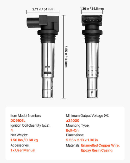 Tändspolepaket, 4-pack, kompatibel med Audi A1, A3, Seat Alhambra, Altea, Cordoba, Ibiza, Leon, Toledo, Volkswagen Golf, Polo, Tiguan, Vento, för Audi 1.4T 1.8T 1.6L, Volkswagen 1.4L 1.6L