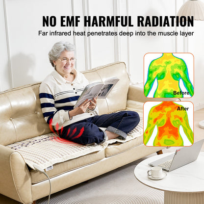 Infraröd värmedyna, ametistvärmematta med negativa joner, terapimatta med heta ädelstenar och 0-720 min timer för smärtlindring i hela kroppen (72 x 24 tum)