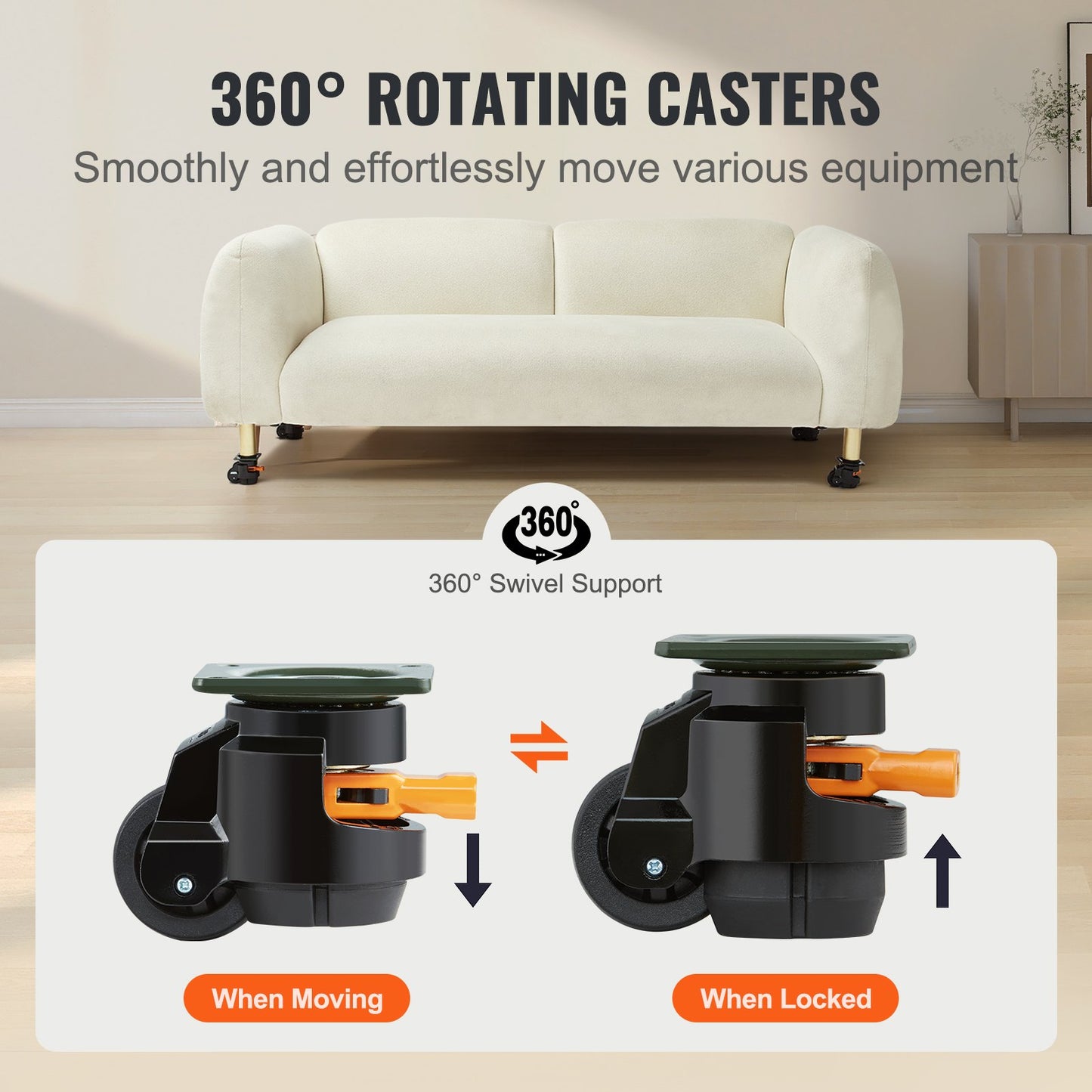 Leveling Casters, Set of 4, 499 kg Total Load Capacity, 5.1 cm, Heavy Duty with Upgraded Handle Design, 360 Degree Swivel Caster Wheels, Adjustable Casters with Feet for Workbench, Machine