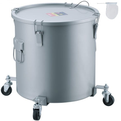 Fryer Grease Bucket, 10 Gal Oil Disposal Caddy with Caster Base, Carbon Steel Rust-Proof Coating, Oil Transport Container with Lid, Lock Clips, Filter Bag for Hot Cooking Oil Filtering, Gray