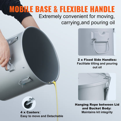 Fryer Grease Bucket, 10 Gal Oil Disposal Caddy with Caster Base, Carbon Steel Rust-Proof Coating, Oil Transport Container with Lid, Lock Clips, Filter Bag for Hot Cooking Oil Filtering, Gray