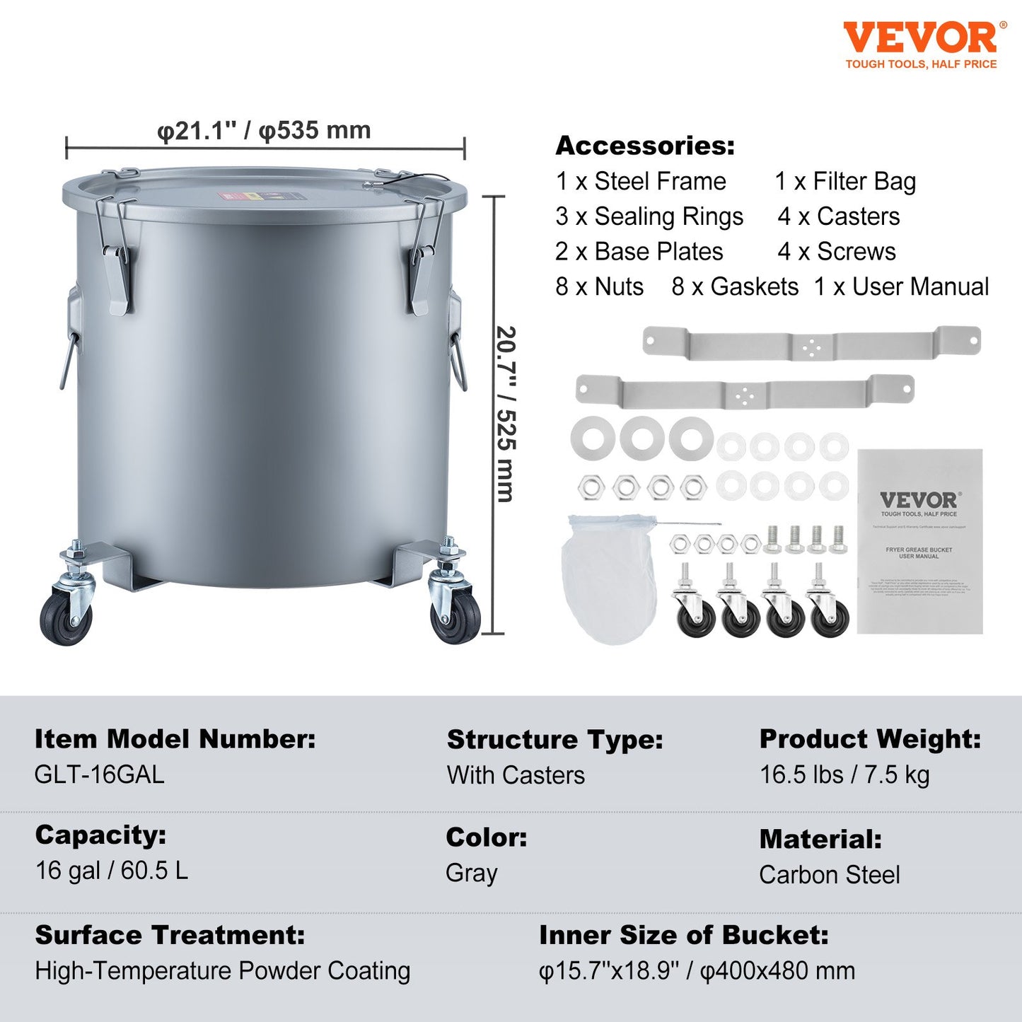 Fryer Grease Bucket, 16 Gal Oil Disposal Caddy with Caster Base, Carbon Steel Rust-Proof Coating, Oil Transport Container with Lid, Lock Clips, Filter Bag for Hot Cooking Oil Filtering, Gray