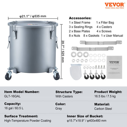 Fryer Grease Bucket, 16 Gal Oil Disposal Caddy with Caster Base, Carbon Steel Rust-Proof Coating, Oil Transport Container with Lid, Lock Clips, Filter Bag for Hot Cooking Oil Filtering, Gray