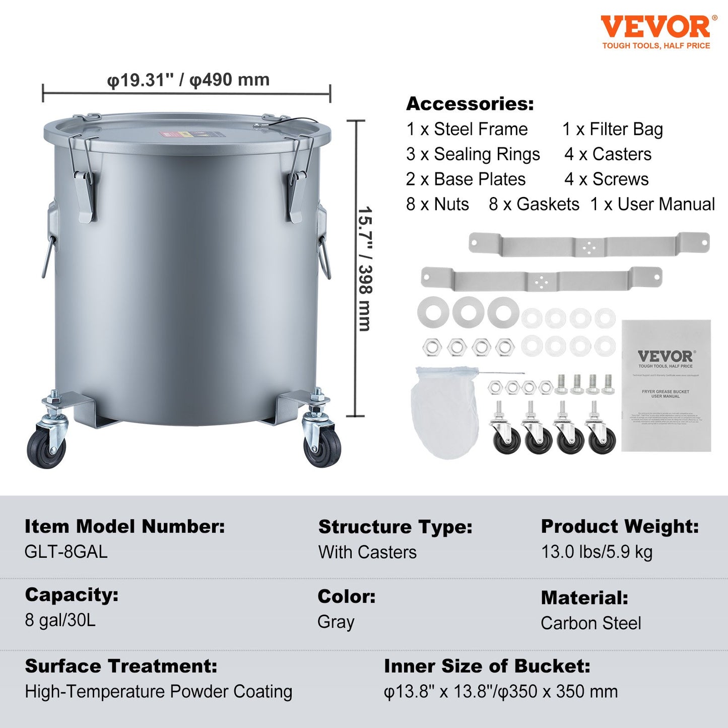 Fryer Grease Bucket, 8 Gal Oil Disposal Caddy with Caster Base, Carbon Steel with Rust-Proof Coating, Oil Transport Container with Lid, Lock Clips, Filter Bag for Hot Cooking Oil Filtering, Gray