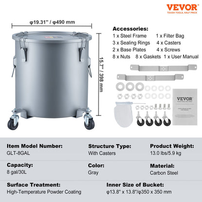 Fryer Grease Bucket, 8 Gal Oil Disposal Caddy with Caster Base, Carbon Steel with Rust-Proof Coating, Oil Transport Container with Lid, Lock Clips, Filter Bag for Hot Cooking Oil Filtering, Gray