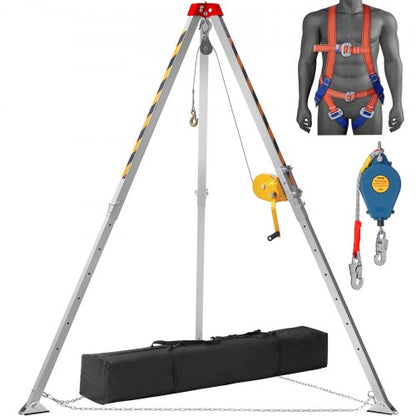 Confined Space Tripod Kit, 544 kg Winch, Confined Space Tripod 2.13 m Legs and 30 m Cable, Confined Space Rescue Tripod 10 m Fall Protection, Harness, Storage Bag for Traditional Confined Spaces