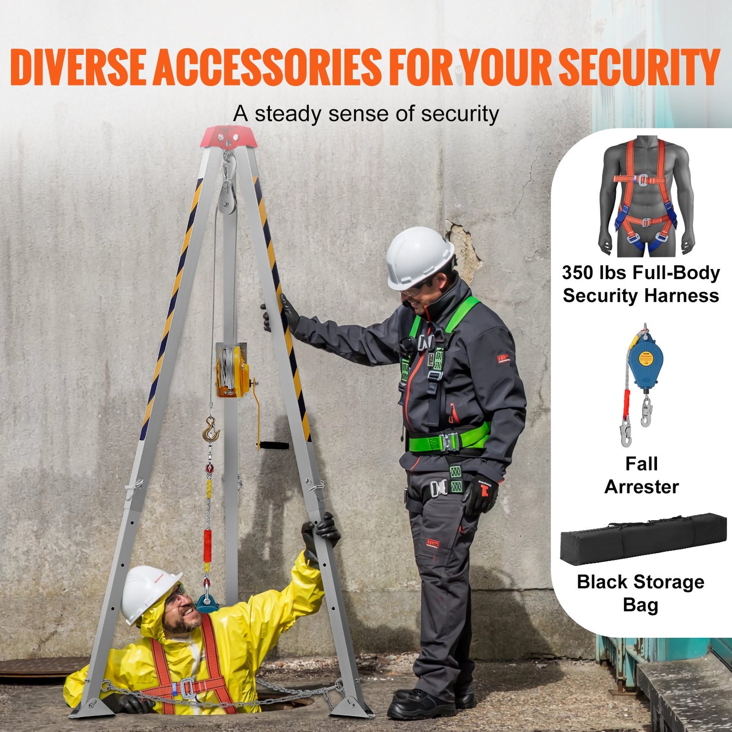 Confined Space Tripod Kit, 544 kg Winch, Confined Space Tripod 2.13 m Legs and 30 m Cable, Confined Space Rescue Tripod 10 m Fall Protection, Harness, Storage Bag for Traditional Confined Spaces