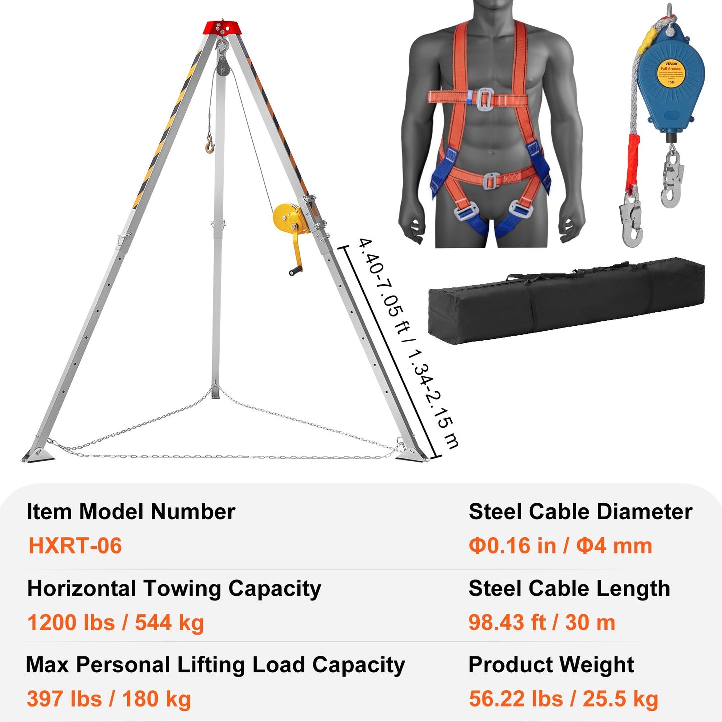 Confined Space Tripod Kit, 544 kg Winch, Confined Space Tripod 2.13 m Legs and 30 m Cable, Confined Space Rescue Tripod 10 m Fall Protection, Harness, Storage Bag for Traditional Confined Spaces