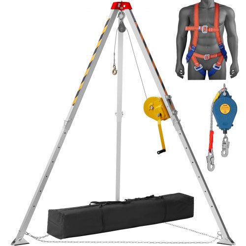 Confined Space Tripod Kit, 816.4 kg Winch, Confined Space Tripod 2.13 m Legs and 30 m Cable, Confined Space Rescue Tripod 10 m Fall Protection, Harness, Storage Bag for Traditional Confined Spaces