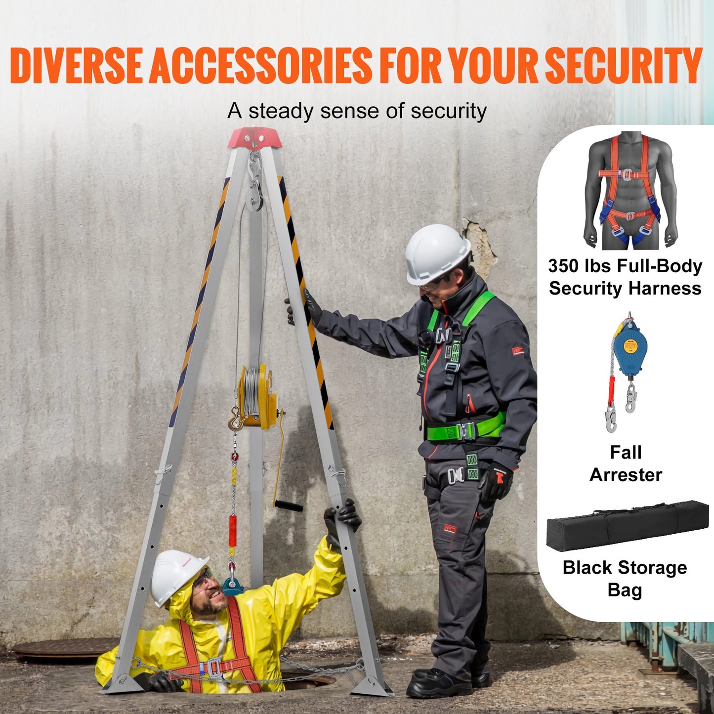 Confined Space Tripod Kit, 816.4 kg Winch, Confined Space Tripod 2.13 m Legs and 30 m Cable, Confined Space Rescue Tripod 10 m Fall Protection, Harness, Storage Bag for Traditional Confined Spaces