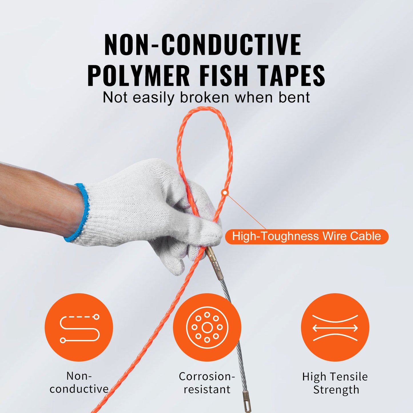 Fish Tape, 38.1m, 4.5mm, PET Wire Puller with Optimized Housing and Handle, Easy-to-Use Cable Puller Tool, Flexible Wire Fishing Tools for Walls and Electrical Conduit, Non-Conductive