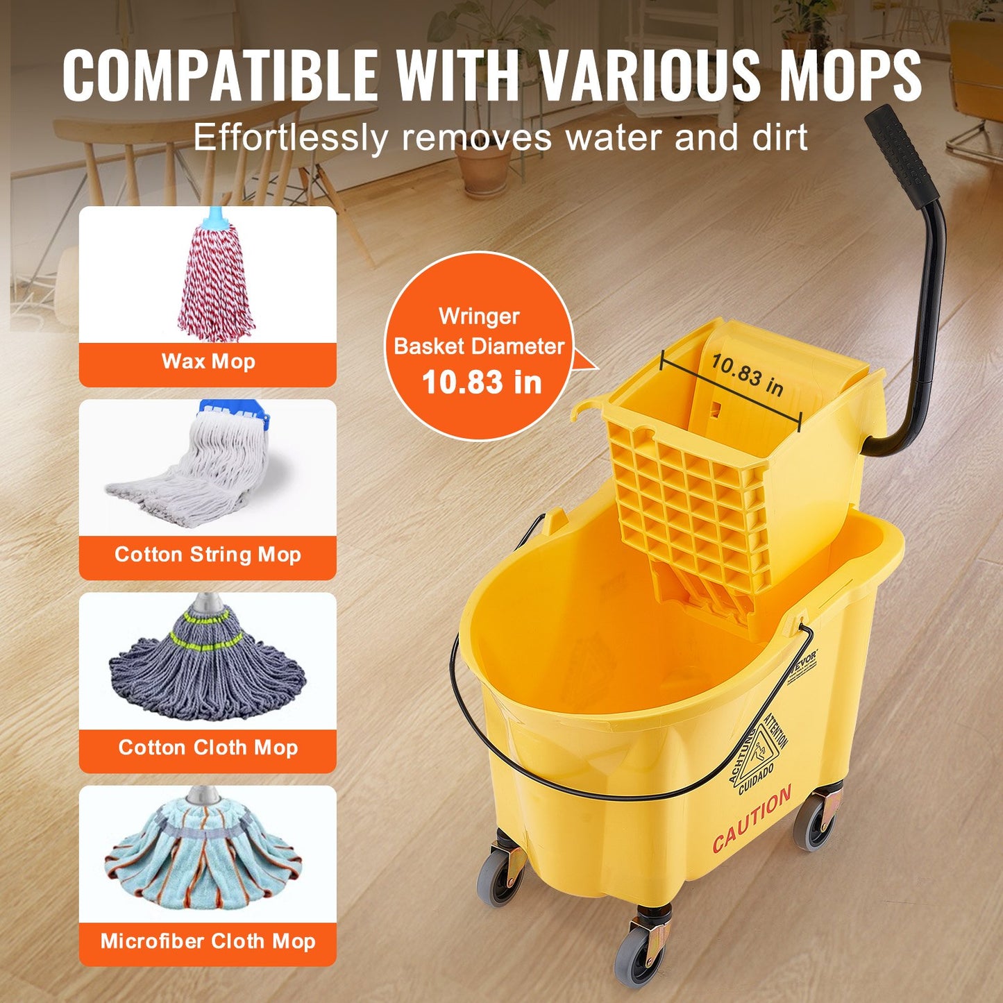 Mop Bucket with Wringer, 35 Qt. Commercial Mop Bucket with Side Press Wringer, Side-Press Mop Bucket and Wringer Combo on Wheels, for Professional/Industrial/Business Floor Cleaning, Yellow
