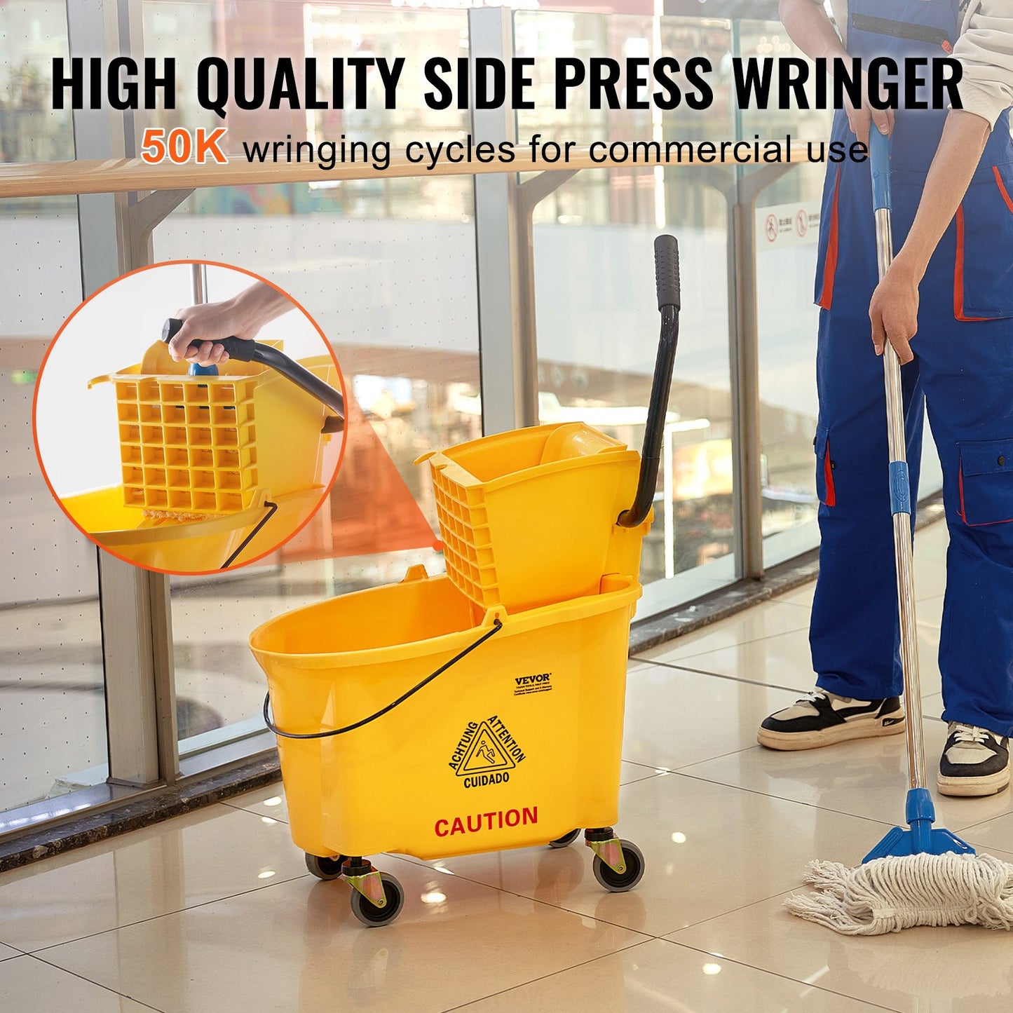 Mop Bucket with Wringer, 35 Qt. Commercial Mop Bucket with Side Press Wringer, Side-Press Mop Bucket and Wringer Combo on Wheels, for Professional/Industrial/Business Floor Cleaning, Yellow