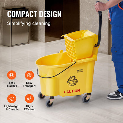 Mop Bucket with Wringer, 35 Qt. Commercial Mop Bucket with Side Press Wringer, Side-Press Mop Bucket and Wringer Combo on Wheels, for Professional/Industrial/Business Floor Cleaning, Yellow