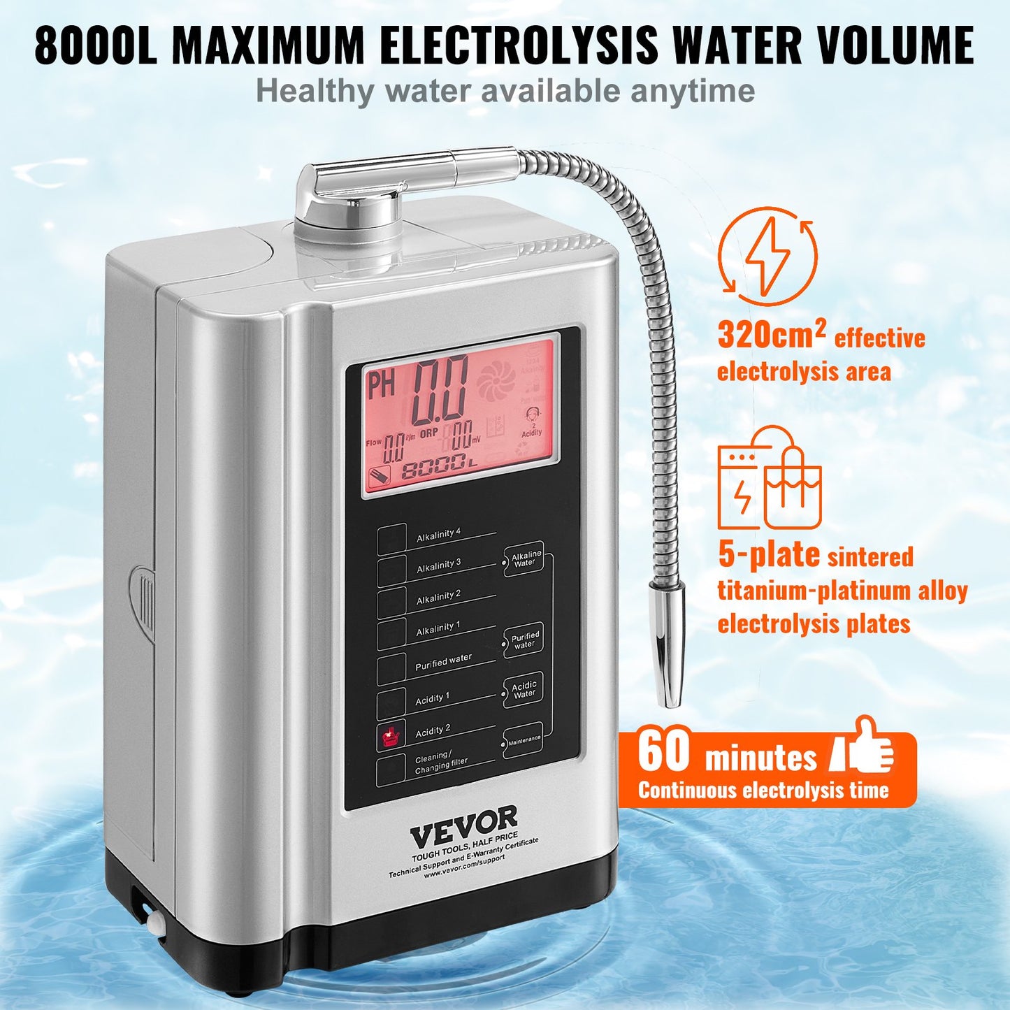 Alkaline Water Ionizer Machine, pH 3.5-10.5 Alkaline Acidic Hydrogen Water Purifier, 7 Water Settings Home Filtration System, Up to -550mV ORP, 8000L Per Filter, Auto-Cleaning, White