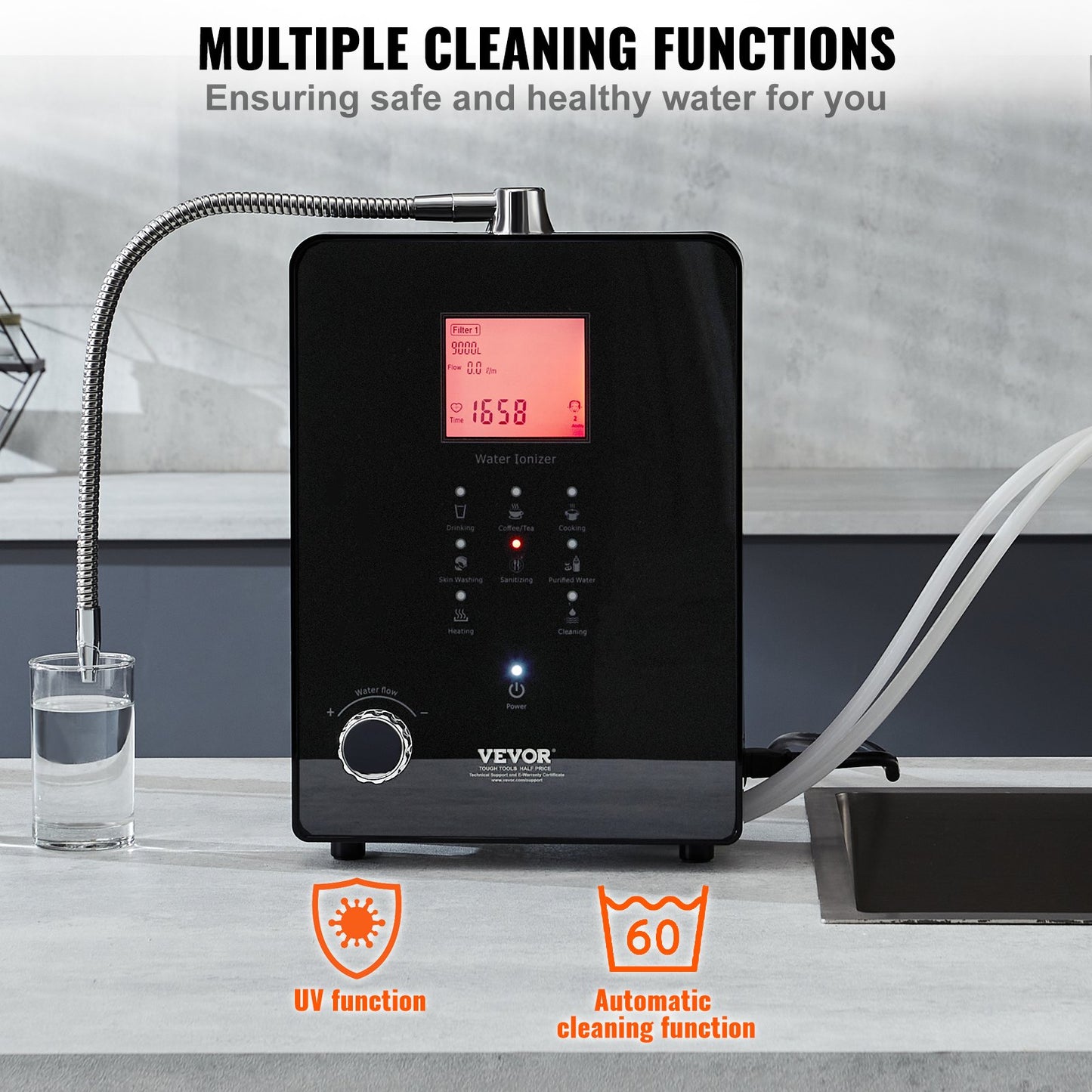 Alkaline Water Ionizer Machine, pH 3-11.2 Alkaline Acidic Hydrogen Water Purifier, 6 Water Settings Home Filtration System, Up to -800mV ORP, 9000L Per Filter, UV Function, Water Heating