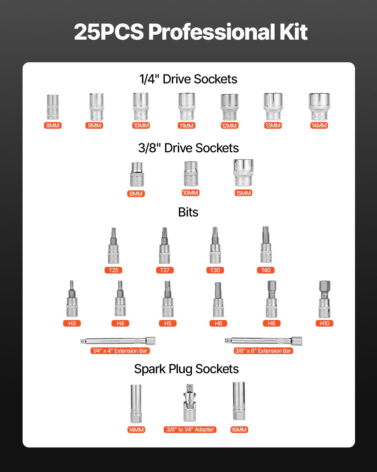 Click momentnyckelsats, 3/8-tums fattning, 5–60 Nm / 3,7–44,3 lbf.ft, dubbelriktad, 72 tänder, ±3 % hög precision, med hylsor, bits, förlängningsstång, tändstiftshylsor, adapter, orange