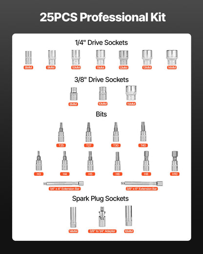 Click momentnyckelsats, 3/8-tums fattning, 5–60 Nm / 3,7–44,3 lbf.ft, dubbelriktad, 72 tänder, ±3 % hög precision, med hylsor, bits, förlängningsstång, tändstiftshylsor, adapter, orange