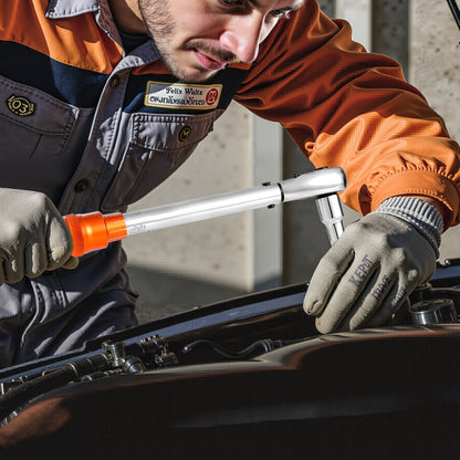 Click momentnyckelsats, 3/8-tums fattning, 5–60 Nm / 3,7–44,3 lbf.ft, dubbelriktad, 72 tänder, ±3 % hög precision, med hylsor, bits, förlängningsstång, tändstiftshylsor, adapter, orange