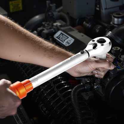 Click momentnyckelsats, 3/8-tums fattning, 5–60 Nm / 3,7–44,3 lbf.ft, dubbelriktad, 72 tänder, ±3 % hög precision, med hylsor, bits, förlängningsstång, tändstiftshylsor, adapter, orange