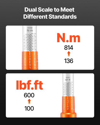 Click Torque Wrench, 3/4 Inch Drive, 100-600 lbf-ft / 136-814N.m, Dual-direction Torque Wrench Set with Dual Range Scales, 48-tooth, ±3% High Precision, Alloy Steel, for Automobile Repair