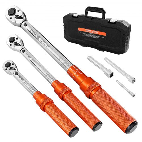 Click Torque Wrench Set, 3 Pieces, 1/4, 3/8, 1/2 Inch Drive, 10-170 lbf-ft, 5-45 lbf-ft, 20-240 lbf-in, Dual-direction and Dual Range Scales, 72-Tooth, ±3% High Precision, for Bicycle Repair