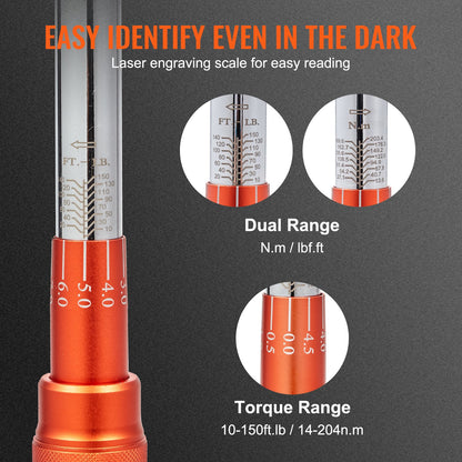 Torque Wrench, 1.3 cm Drive Click Torque Wrench 10-150ft.lb/14-204n.m, Dual-Direction Adjustable Torque Wrench Set, Mechanical Dual Range Scales Torque Wrench Kit with Adapters Extension Rod