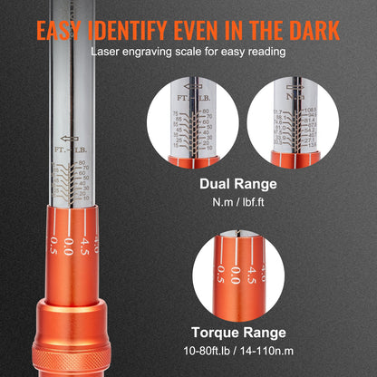 Momentnyckel, 3/8-tums fäste, klickmomentnyckel, 10-80ft.lb/14-110nm, justerbar momentnyckelsats i två riktningar, mekanisk momentnyckelsats med dubbla skalor och adaptrar, förlängningsstång