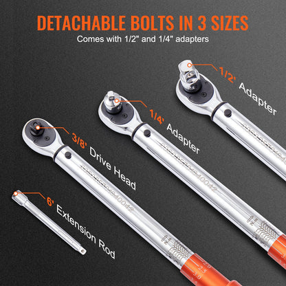 Momentnyckel, 3/8-tums fäste, klickmomentnyckel, 10-80ft.lb/14-110nm, justerbar momentnyckelsats i två riktningar, mekanisk momentnyckelsats med dubbla skalor och adaptrar, förlängningsstång
