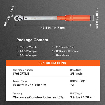 Momentnyckel, 3/8-tums fäste, klickmomentnyckel, 10-80ft.lb/14-110nm, justerbar momentnyckelsats i två riktningar, mekanisk momentnyckelsats med dubbla skalor och adaptrar, förlängningsstång