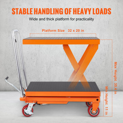 Hydraulic Lift Table Cart, 1100lbs Capacity 35.4" Lifting Height, Manual Single Scissor Lift Table with 4 Wheels and Non-slip Pad, Hydraulic Scissor Cart for Material Handling and Transportation