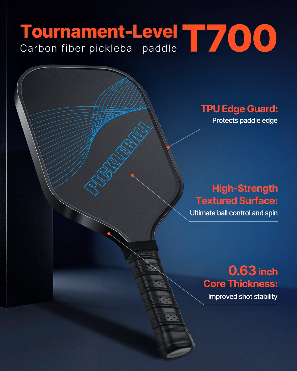 Pickleball Paddle, T700 Carbon Fiber Surface & Honeycomb Core, Professional Pickleball Paddle with Increased Power & Control & Spin, Pro Pickle Ball Racket for Adults, Men & Women, Blue