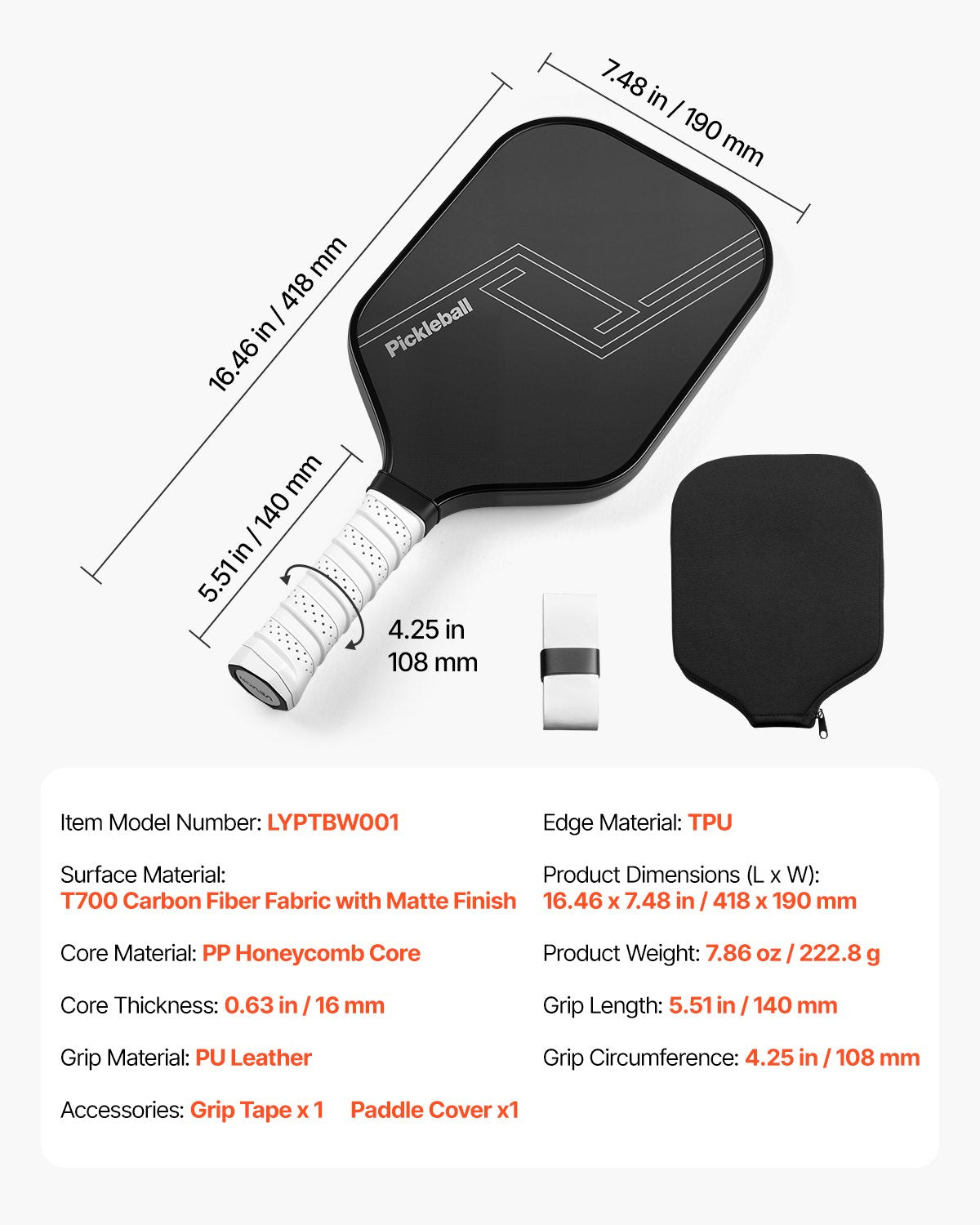 Pickleball Paddle, T700 Carbon Fiber Surface & Honeycomb Core, Professional Pickleball Paddle with Increased Power & Control & Spin, Pro Pickle Ball Racket for Adults, Men & Women, Black