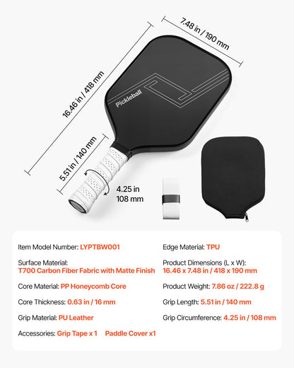 Pickleball Paddle, T700 Carbon Fiber Surface & Honeycomb Core, Professional Pickleball Paddle with Increased Power & Control & Spin, Pro Pickle Ball Racket for Adults, Men & Women, Black
