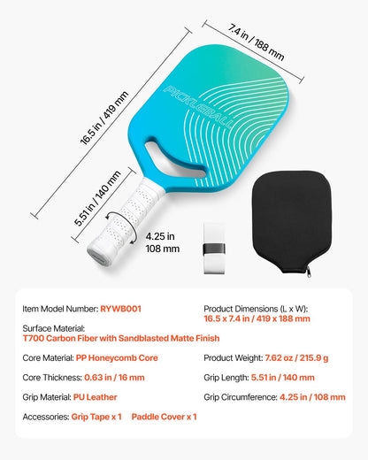 Pickleball-paddel med aerodynamisk hals, T700-kolfiberyta och kärna i honungskaka, professionellt pickleball-paddel med ökad kraft, kontroll och spinn, pickleball-racket för vuxna, män och kvinnor