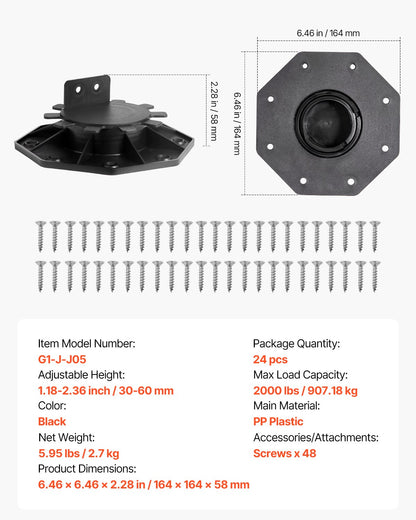 Däckblock 24 st, 907,18 kg lastkapacitet, däckstöd, plastpiedestal, höjning 30-60 mm, höjdjusterbar bodfundament för trä, betong, metall