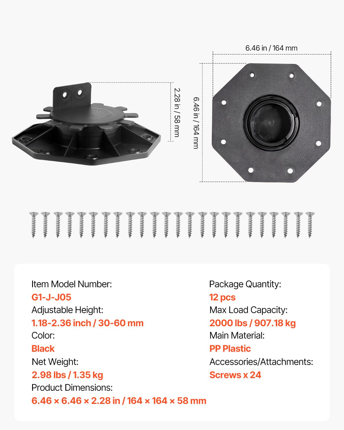 Deck Blocks 12 PCS, 2000lbs / 907.18kg Load Capacity Deck Support Plastic Pedestal Paver, Raising 1.18 - 2.36 inch / 30 - 60 mm, Height Adjustable Shed Foundation Base for Wood Concrete Metal