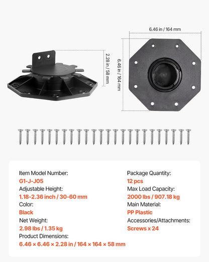 Deck Blocks 12 PCS, 2000lbs / 907.18kg Load Capacity Deck Support Plastic Pedestal Paver, Raising 1.18 - 2.36 inch / 30 - 60 mm, Height Adjustable Shed Foundation Base for Wood Concrete Metal