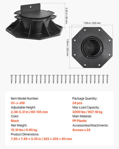 Däckblock 24 st, 907,18 kg lastkapacitet, däckstöd, plastpiedestal, höjbar 60-135 mm, höjdjusterbar bodfundament för trä, betong, metall