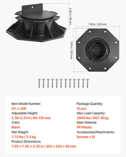 Däckblock 12 st, 907,18 kg lastkapacitet, däckstöd, plastpiedestal, höjbar 60-135 mm, höjdjusterbar bodfundament för trä, betong, metall