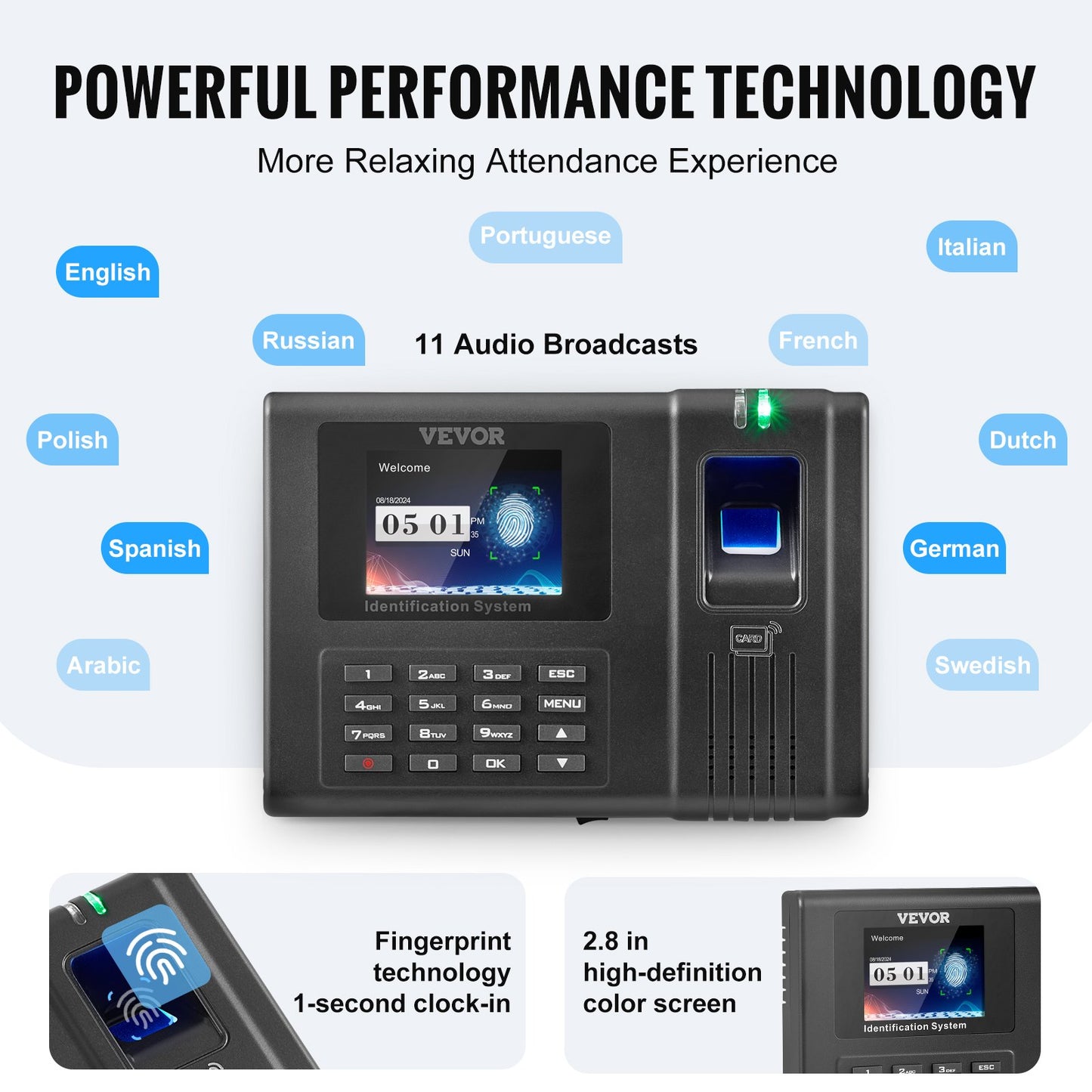 Time Clock, Employee Attendance Machine with Fingerprint, RFID and PIN Punching in One, Standalone Biometric Clock in Machine for Employees Small Business with 5 RFID Cards & No Monthly Fees