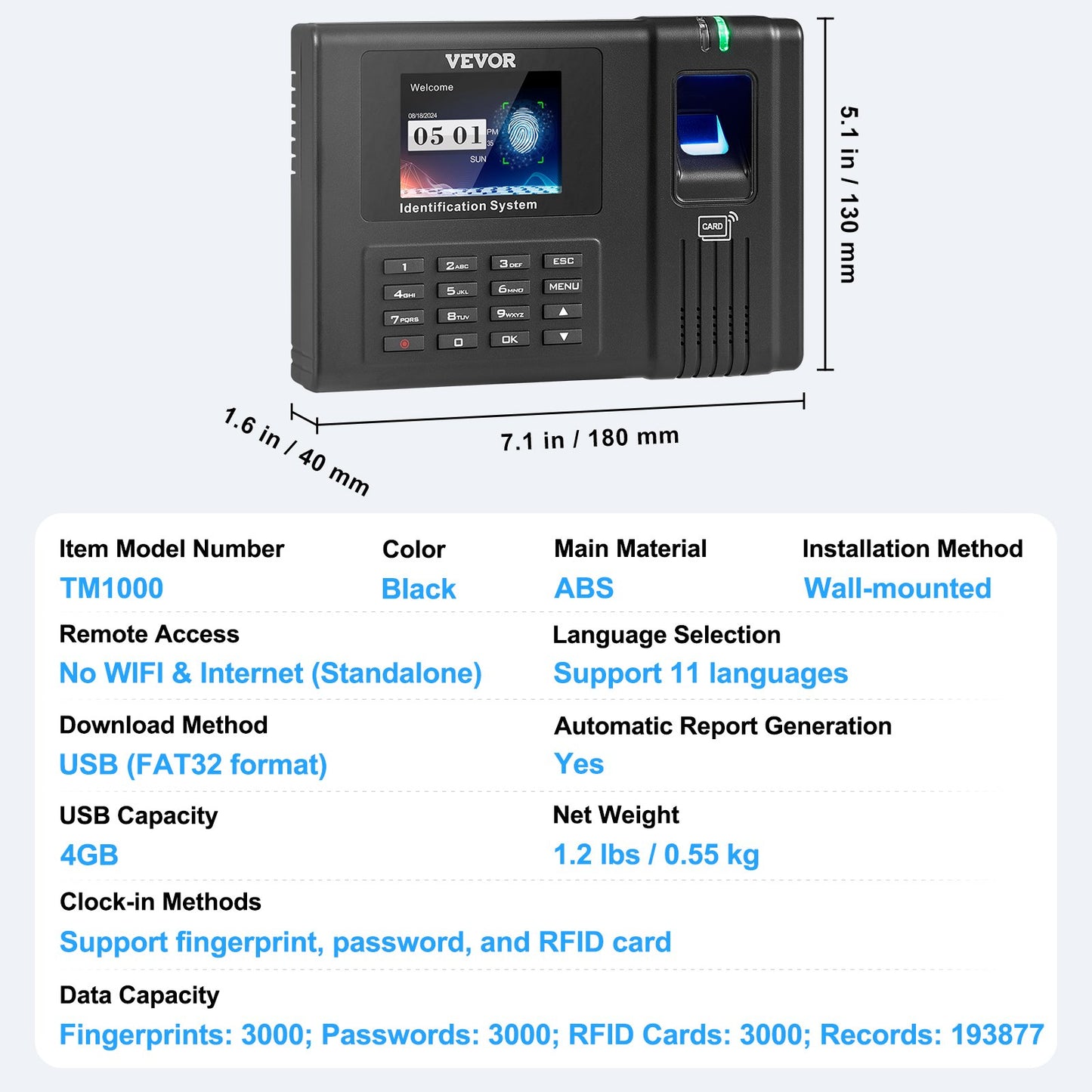 Time Clock, Employee Attendance Machine with Fingerprint, RFID and PIN Punching in One, Standalone Biometric Clock in Machine for Employees Small Business with 5 RFID Cards & No Monthly Fees