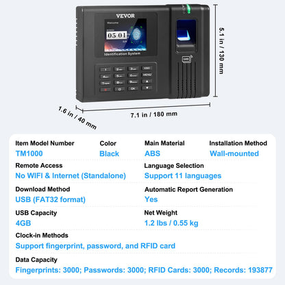 Time Clock, Employee Attendance Machine with Fingerprint, RFID and PIN Punching in One, Standalone Biometric Clock in Machine for Employees Small Business with 5 RFID Cards & No Monthly Fees